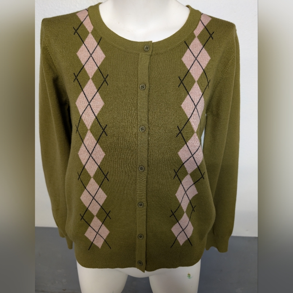 Cardigsn Green Argyle Button Up Sweater With Light Pink Pattern Size L